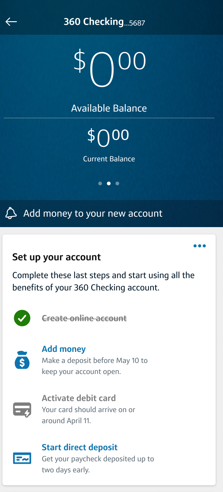 360 Checking account setup